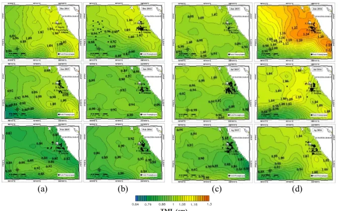 Gambar 5. Sebaran spasial TML pada musim barat tahun 2015 (a), tahun 2016 (b) dan musim  timur tahun 2015 (c), tahun 2016 (d)