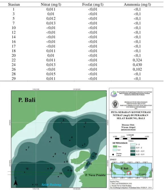 Tabel  2.  Nilai  konsentrasi  nitrat,  fosfat  danammonia  (mg/l)  permukaan,  hasil  pengamatan  21-23  Juni  2014, Selat Badung, Bali 