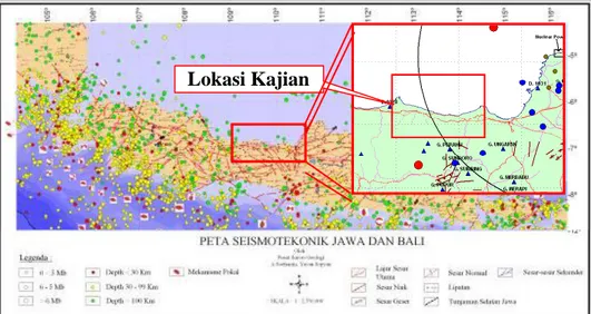 Gambar  3. Peta Seismotektonik Jawa dan Bali [4].    (Insert : Distribusi Hiposenter Menggunakan Hypo71 [5] )  2.2