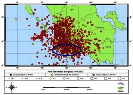 Gambar 1: Peta daerah studi (Bengkulu) serta seismisitasnya periode tahun 1971-2013. Lingkaran pada gambar merupakan fokus wilayah penelitian yang akan dibuatkan model perkiraan kejadian gempabumi.