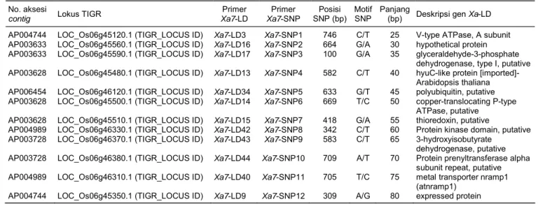 Tabel 2.   Dua belas primer Xa7-SNP yang didisain dan digunakan untuk kegiatan Xa7-SNP genotyping