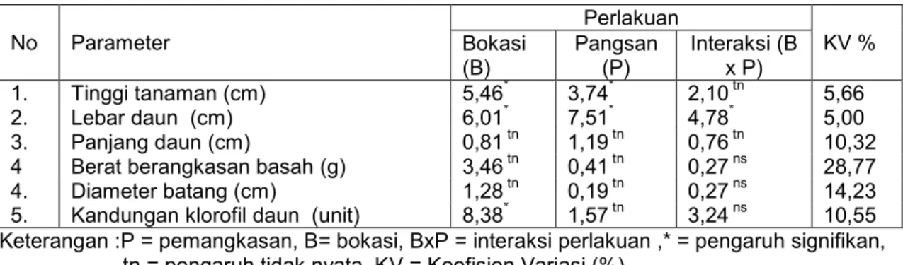 Table  2.  Pengaruh pupuk bokasi (B) dan pemangkasan daun (P) terhadap Tinggi                       tanaman  (cm) 
