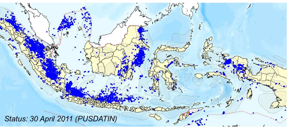 Gambar. Lokasi titik-titik sumur migas yang sudah dibor di Indonesia. Indonesia Timur masih relatif sedikit dibanding Indonesia Barat