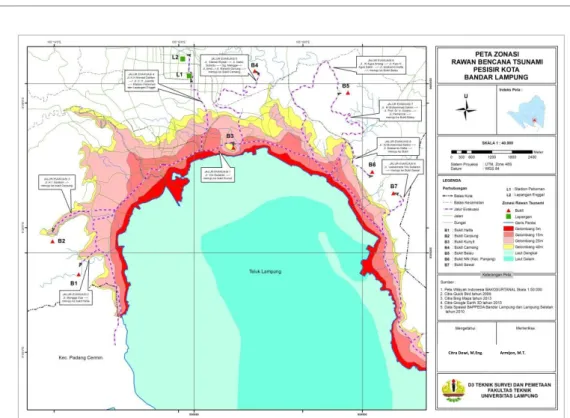 Gambar 4.2. Peta zonasi rawan bencana tsunami pada wilayah pesisir  Kota Bandar Lampung 