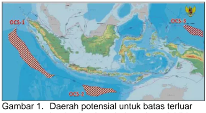 Gambar 1.   Daerah potensial untuk batas terluar  landas kontinen Indonesia melebihi  200 mil laut 