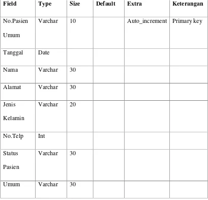 Tabel 3.6 Tabel Struktur Data Pendaftaran Pasien Umum