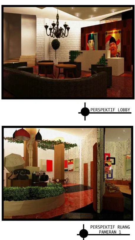 Gambar 7. Interior Perspektif Lobby dan Perspektif Ruang Pameran 1 