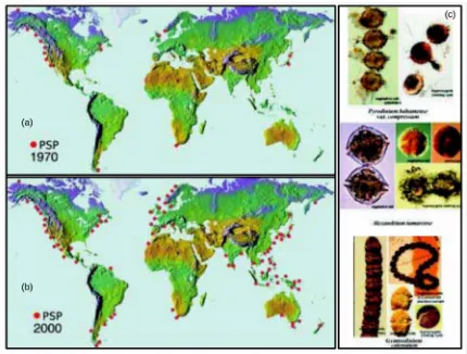 Gambar 5. Kasus HABs pada Tahun 1970 dan 2000 (GEOHAB, 2000) yang dapat menimbulkan gejalaParalytic shellfish poisoning (PSP) pada manusia yang mengkonsumsi makanan laut yangterkontaminasi racun saxitoxin