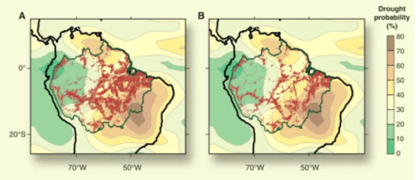 Figure 4. Loss of forest cover overlapped with drought probability for 2050 (Malhi et al., 2008)