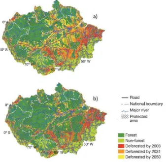 Figure 5. Model results for forest cover in the extreme-case scenarios in the year 2050 in the Amazon Basin (Soares-Filho et al