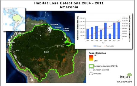 Figure 1: The Terra-i land use change detection map between 2004 to 2011, zoomed on deforestation 