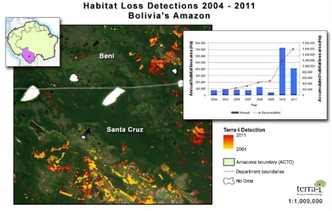 Figure 6: The Terra-i land use change detection map between 2004 to 2011, zoomed-in on deforestation 