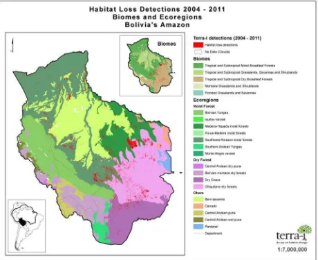 Figure 7: The Terra-i land use change detection map between 2004 to 2011 for the major habitats (biomes) and ecoregions of the Bolivian Amazon