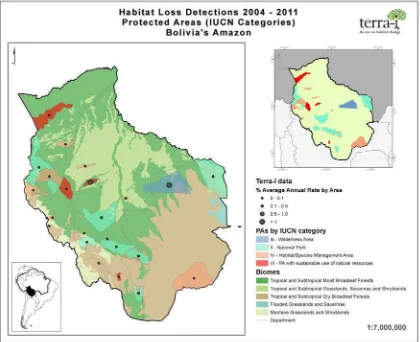 Figure 8: Left, map showing the percentage of average rate of land-use change by protected area for the Bolivian Amazon between 2004 to 2011