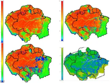 Figure 14: Tree cover (%) for top left : baseline (2000),  top right: LUC (2050) and bottom left: ACCEL (2050) scenarios, bottom-right Soares et al