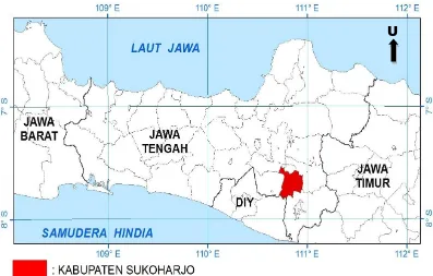 Gambar 3.1 Lokasi wilayah Kabupaten Sukoharjo(Diolah dari Peta Administrasi Kabupaten Sukoharjo Kementrian  Pekerjaan Umum skala 1:250.000) 