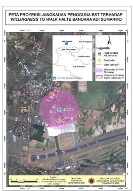 Gambar 4. Peta Proyeksi Jangkauan pengguna  BST  terhadap  Willingness  to  Walk  Halte  Bandara Adi Sumarmo 