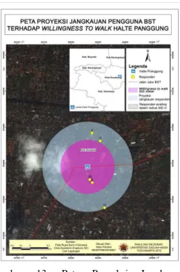 Gambar  15.  Peta  Proyeksi  Jangkauan  pengguna  BST  terhadap  Willingness  to  Walk  Halte Pramesti 