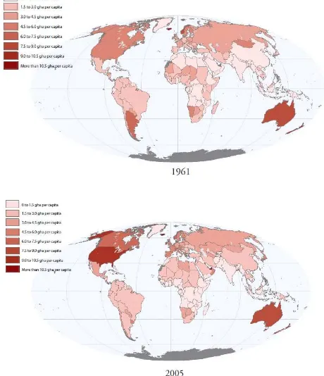 Fig. 5. L'impronta ecologica per paese al 1961 e al 2005