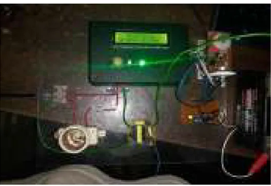 Gambar 19. Tampilan awal pada LCD  Tampilan  awal  pada  alat  tidak  menunjukan  tidak  adanya  getaran  yang  menungkinkan  timbulkan  bahaya  maka  alat  mendeteksi  tidak  adanya  getaran  dan  memberiakan  output  pada  LCD,  led  merah/hijau  dan  bu