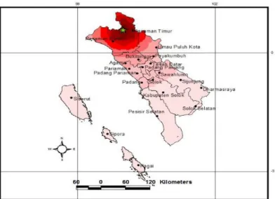 Gambar 2  Percepatan tanah maksimum (PGA) wilayah Sumatera Barat akibat  gempa bumi  