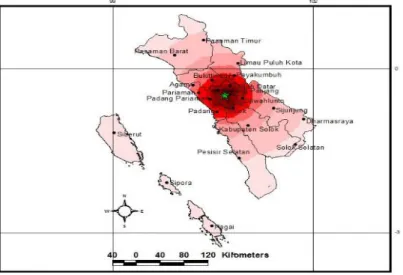 Gambar 3 Percepatan tanah maksimum (PGA) di wilayah Sumatera Barat akibat gempa 