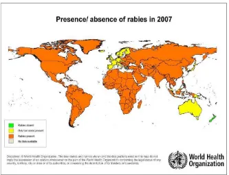 Gambar 3. Peta kejadian rabies di dunia (Sumber : WHO 2008) 