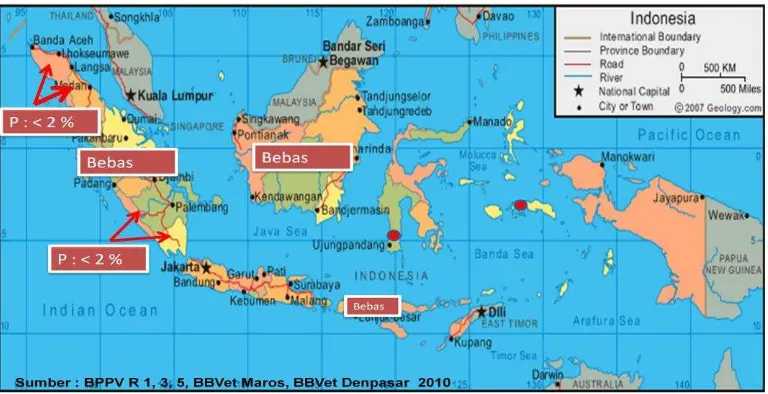 Gambar 4. Peta Epidemiologi Brucellosis di Indonesia Tahun 2010 
