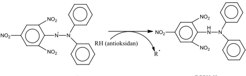 Gambar  2.3    Reaksi  antara  DPPH•  dengan  antioksidan  membentuk DPPH-H 