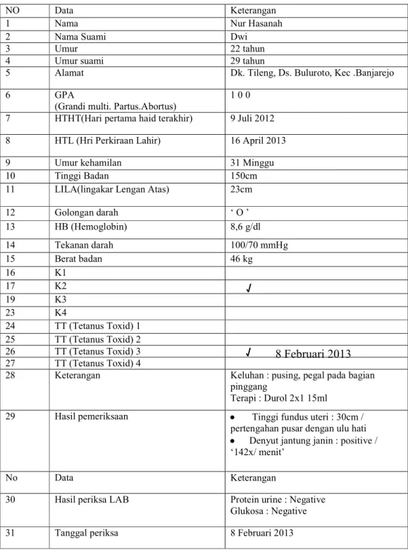 Tabel 1.1 Form pemeriksaan pasien kehamilan. 