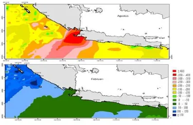 Gambar 2. Sebaran Indeks Upwelling  Pantai rata-rata selama tahun 2002 -        2011  pada musim timur bulan Agustus  (atas) dan pada musim  