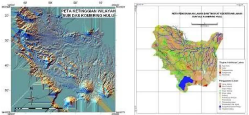 Gambar  1.  Wilayah  sub  DAS  Komering  bagian  hulu,  (a)  ketinggian  wilayah  (b)  tingkat  kekritisan  dan  penggunaan lahan 