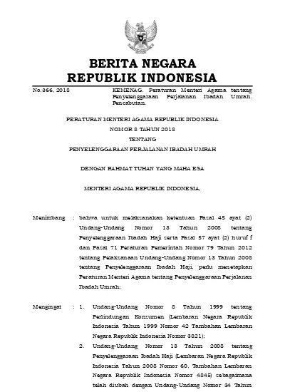 Pma Umroh Peraturan Menteri Agama (Permenag) Nomor 8 Tahun 2018 Tentang ...