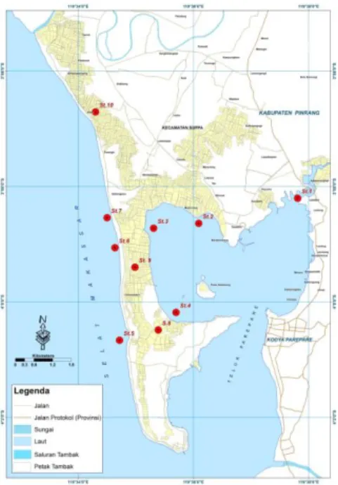 Gambar 1.   Lokasi penelitian dan titik pengambilan sampel di Teluk Parepare, Selat Makassar,  dan tambak di Kecamatan Suppa, Kabupaten Pinrang, Provinsi Sulawesi Selatan  Alat dan Bahan 
