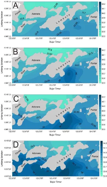 Gambar 4.  Sebaran mendatar salinitas perairan pada permukaan laut A) kedalaman 0 m, B)                      kedalaman 25m, C) kedalaman 50m, dan D) kedalaman 75 m