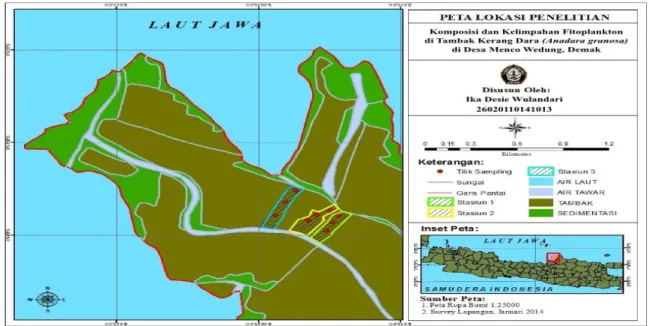Gambar  1.  Peta  Lokasi  penelitian  fitoplankton  di  tambak  kerang  darah  di  Dusun  Menco, 