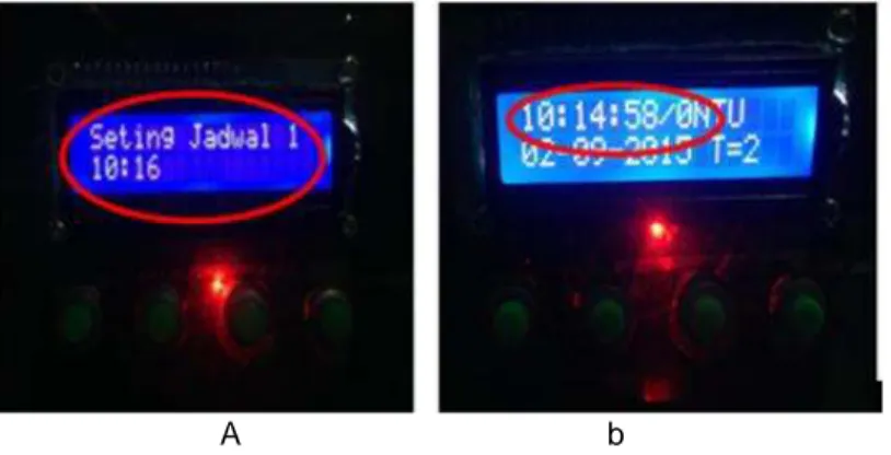 Gambar  9. Jadwal  seting pakan  (a)  dan  waktu  pada  LCD  (b) 