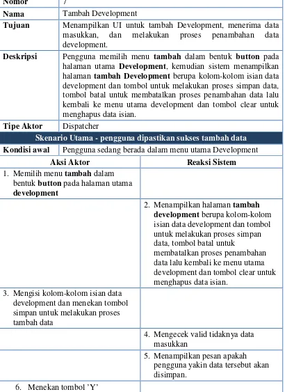 Tabel 3.17 Tabel Skenario Tambah Development: