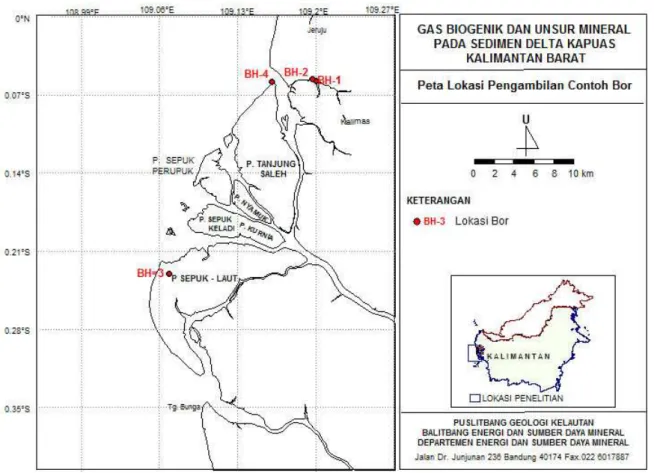 Gambar 1. Peta lokasi pengambilan contoh sumur bor di Delta Kapuas Kalimantan Barat (Darlan, drr., 2005)