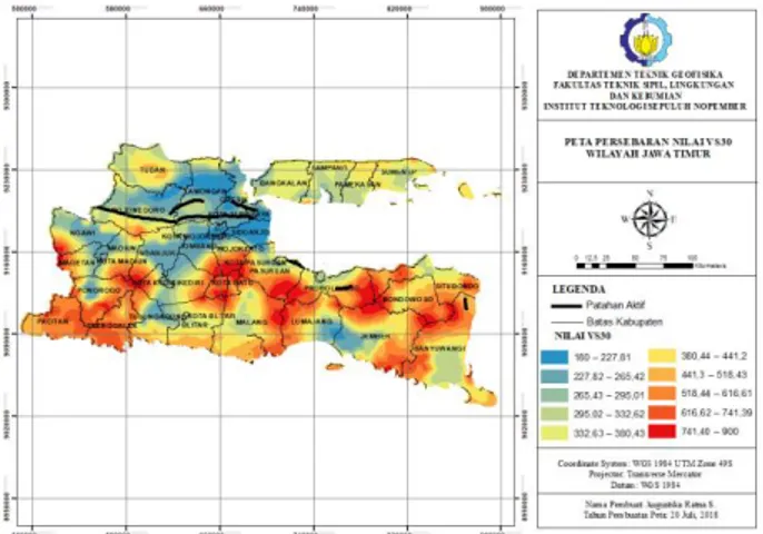 Gambar 3. Peta pesebaran nilai VS30 wilayah Jawa Tmur  Nilai Vs30 Jawa Timur memiliki rentang terendah  180  m/s  hingga  tertinggi  sebesar    900  m/s