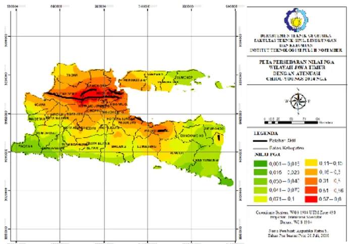 Gambar 5. Peta bahaya gempa dengan sumber patahan  aktif darat Jawa Timur 