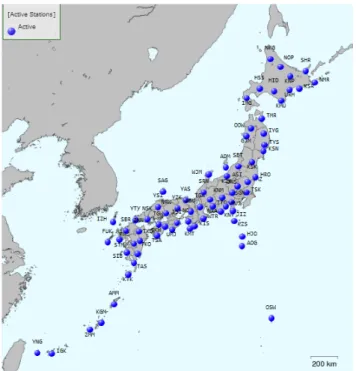 Gambar 2.2 Peta letak stasiun pencatat gempa di Jepang 
