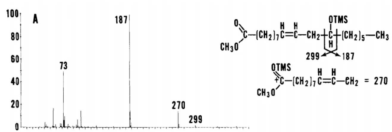 Gambar 2.4 Hasil impretasi spektra massa metil risinoleat (Kleiman, dkk., 1972) 