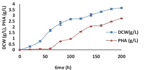 Figure 7 shows concentration of DCW and PHA  increased during the first reflected the cell growth at the 20thstatic fermentation at the  1600.29 g/L and 0.4 g/L, respectively