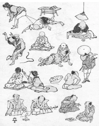 Fig 12. Hokusai, 1814-1878. Dibujos aleato- aleato-rios del manual Manga de Hokusai. (Grabado  Xiolográfico).