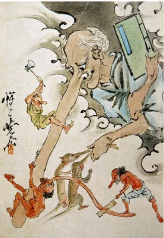 Fig 16.  Kawanabe Kyōsai, Desfile Nocturno, Hyakkyakou (百鬼夜行) (Pintura). 