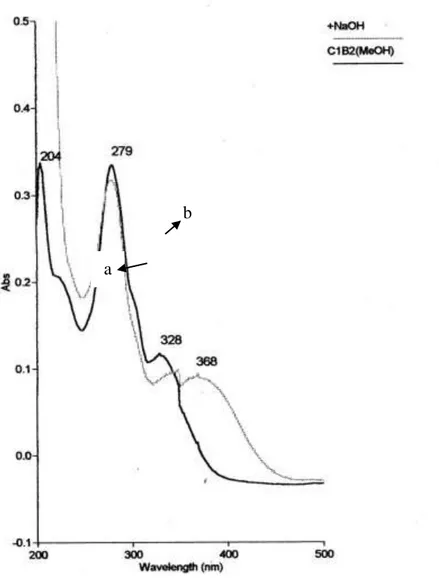 Gambar 2.  Spektrum UV senyawa hasil isolasi C1B2 (a) dalam MeOH,            (b) dalam MeOH + NaOH  