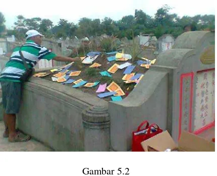 Gambar 5.2 Seorang masyarakat Tionghoa sedang menebar kertas lima warna(go sek cua) di makam 