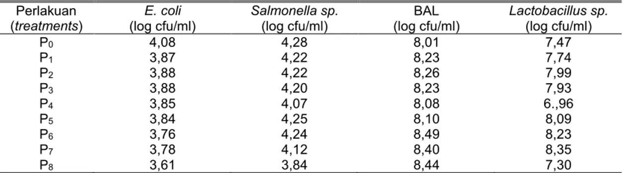 Tabel 4. Rerata jumlah E. coli, Salmonella sp., BAL dan Lactobacillus sp. di usus halus ayam pedaging  dari pengaruh penambahan campuran kunyit dan jahe  