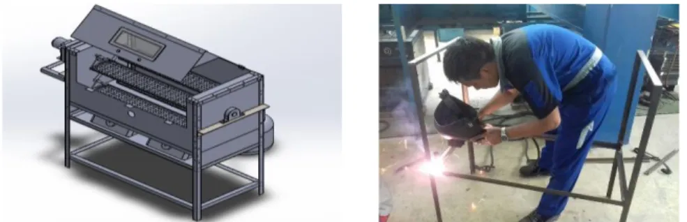 Gambar 4. Konsep Rancangan Mesin pengering lakso (kiri), Pembuatan Rangka Mesin (kanan)  Kemudian  penyediaan  part  dan  pembuatan  part-part  berdasar  kebutuhan  konstruksi  mesin  hasil  draft